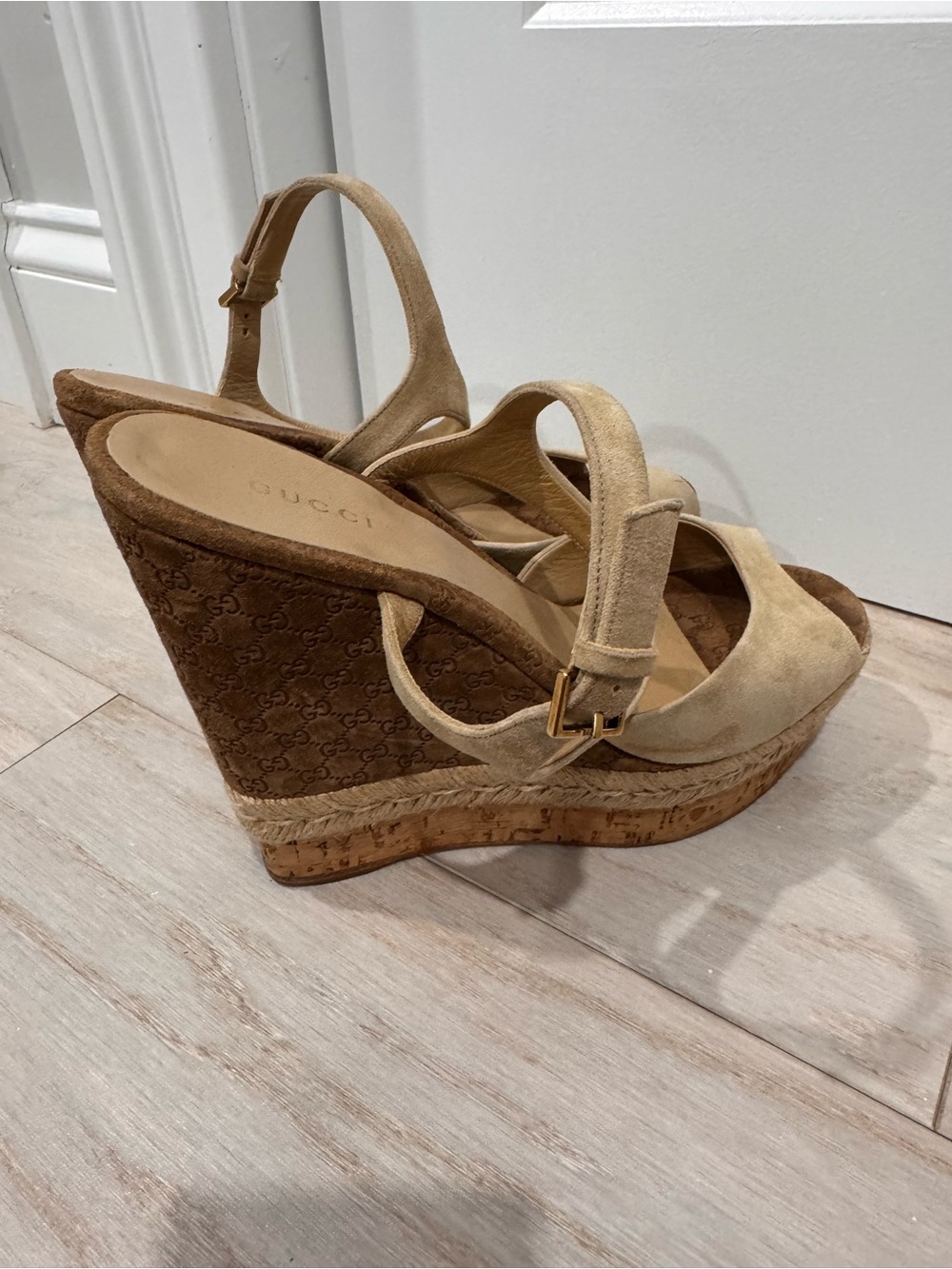 Gucci Tan Suede Wedge Sandals with Ankle Strap - Picture 6 of 10